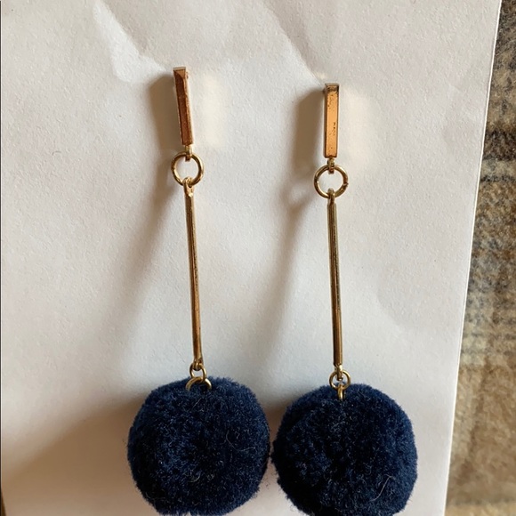 Pair of Dangle Earrings w/ Navy Blue Pom Pom - Picture 2 of 4